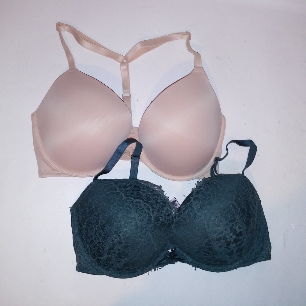 Set of 2 Victoria's Secret Bra 32DD Beige Green Push Up Lace Solid Underwire